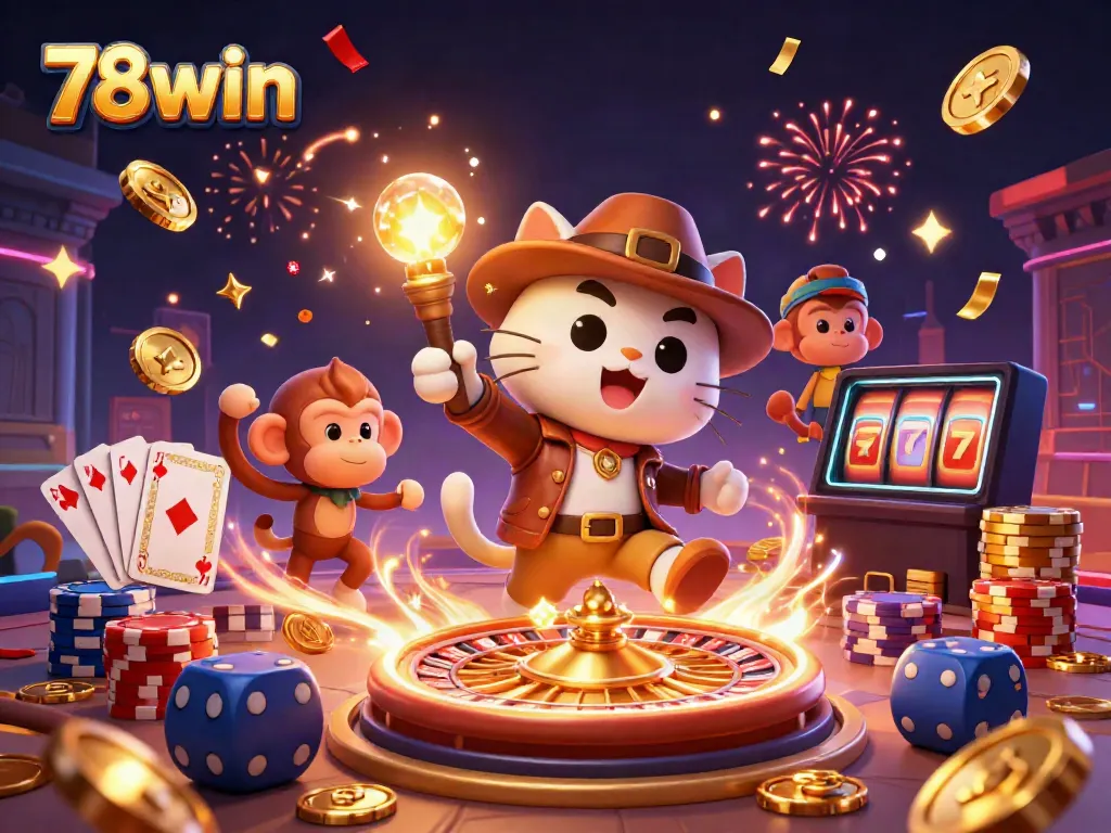 Engage with the thrilling 78win gaming experience through a vibrant 3D illustration featuring an adventurous archaeologist cat and monkey in a casino treasure setting.