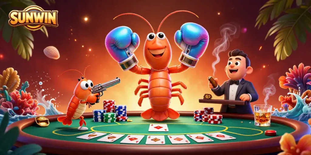 SUNWIN poker scene featuring a mantis shrimp champion in boxing gloves with vibrant poker elements for an engaging casino experience.