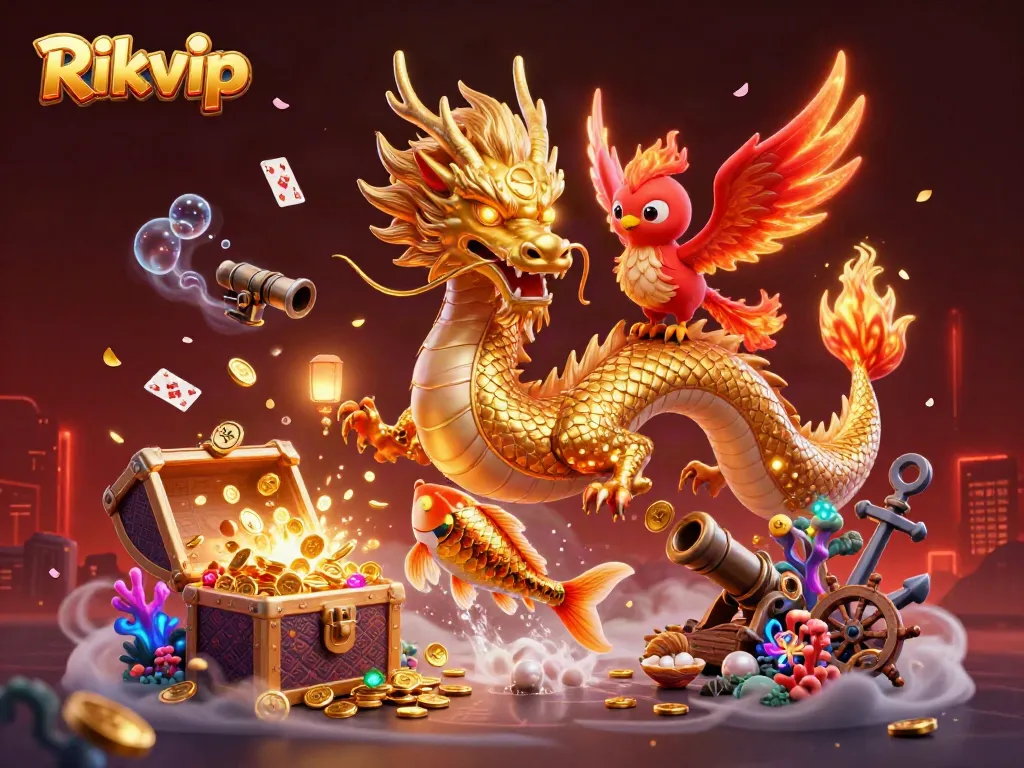 Experience thrill with Rikvip in a vibrant 3D casino scene filled with golden treasures.