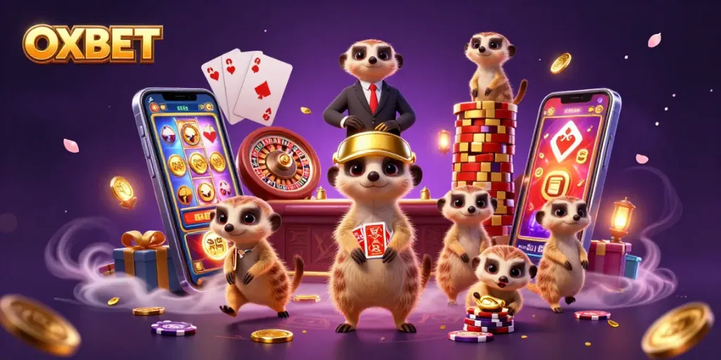 Experience OXBET's colorful casino through meerkats managing games and winnings in a vibrant setting.