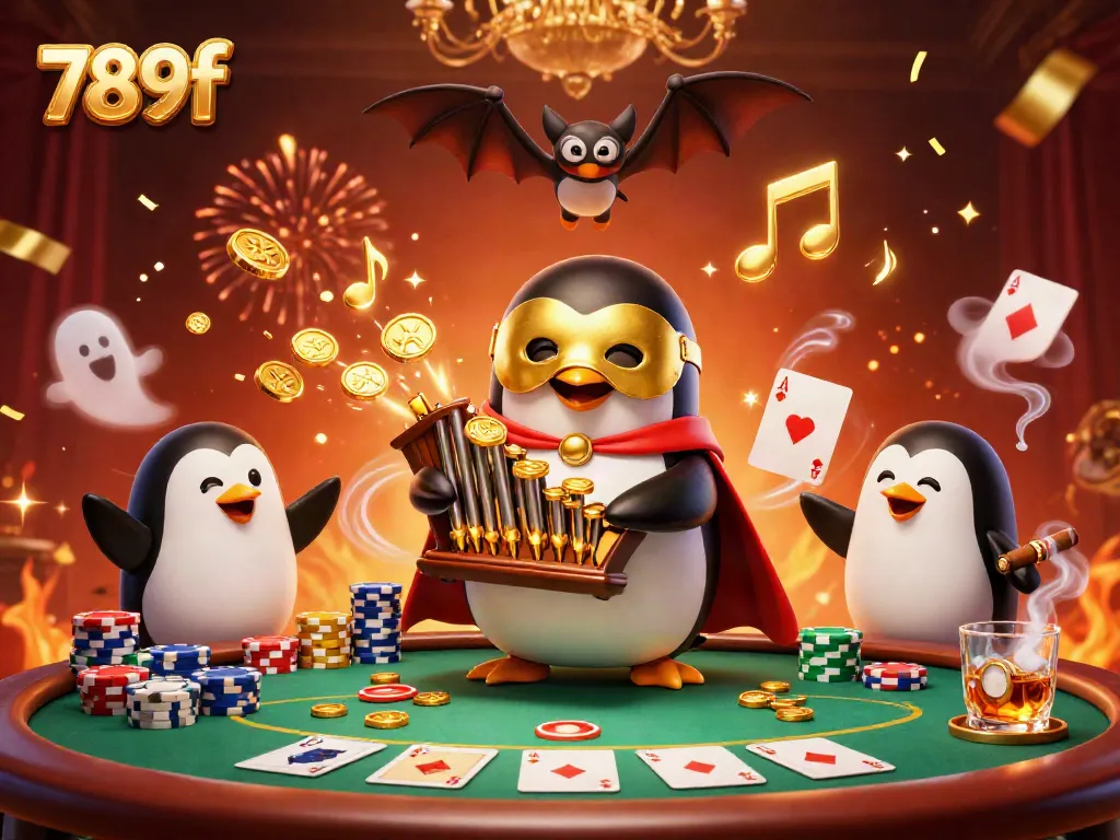 Experience 789f casino fantasy as a phantom penguin plays a golden organ amidst poker excitement.