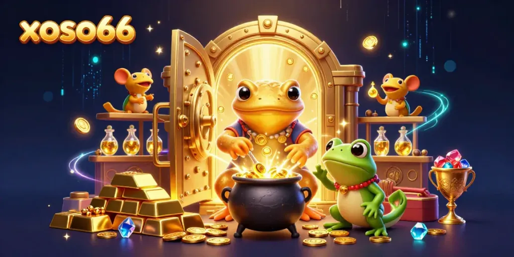 Experience the magic of xoso66 with a whimsical laboratory scene featuring gold coins, gems, and alchemical fun.