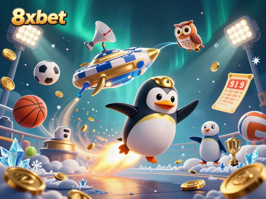 Experience thrilling gameplay at 8xbet with a golden penguin and dynamic sports betting elements.