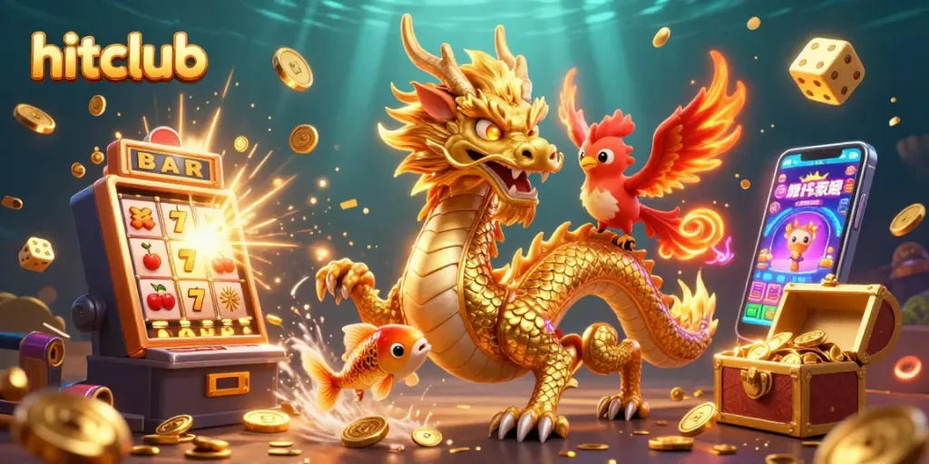 Engage with hitclub's vibrant casino world featuring a dragon, phoenix, and golden koi amidst dynamic jackpot visuals.