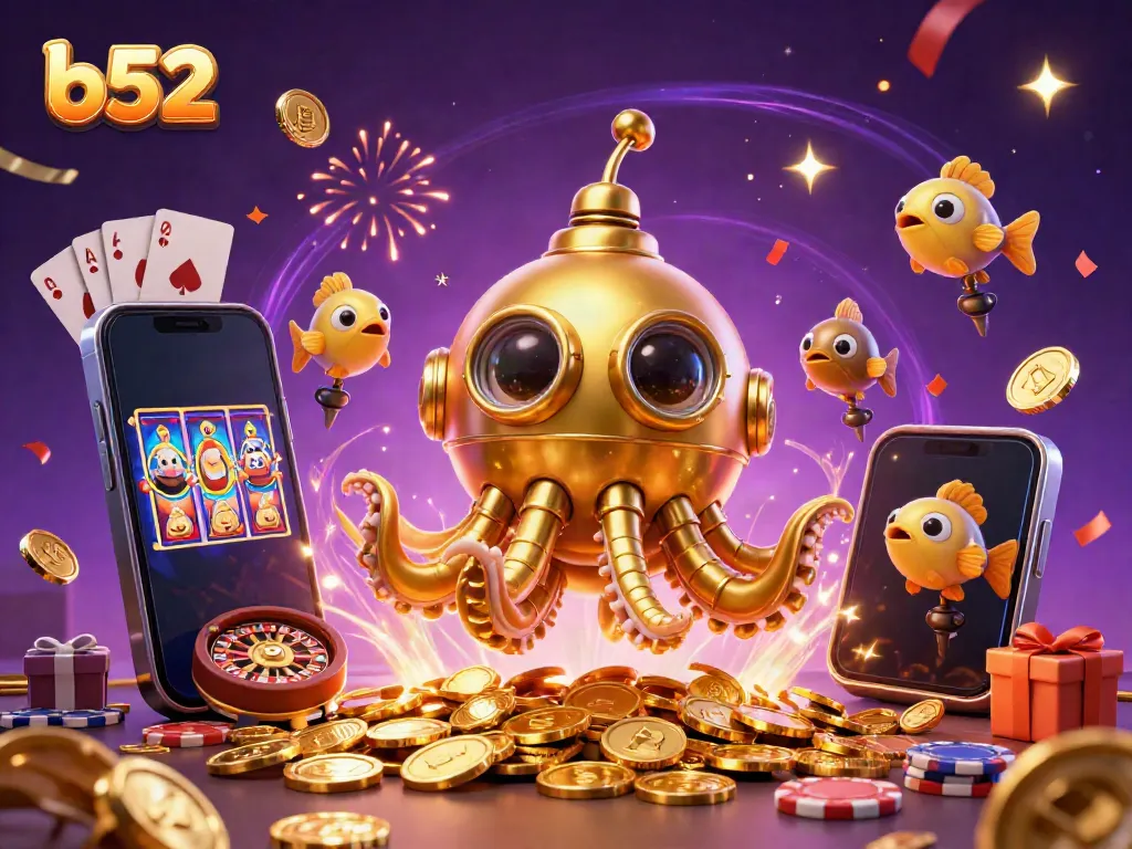Win big with B52 in this vibrant 3D casino scene featuring slot games and golden treasures.