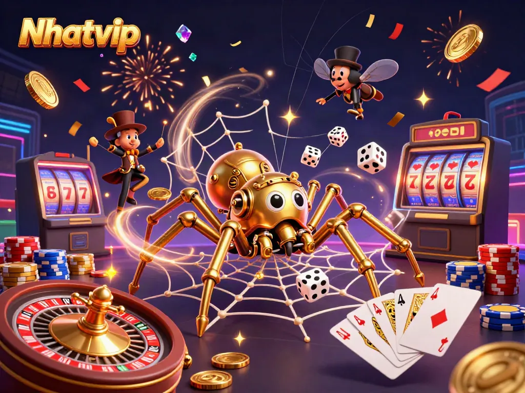 Nhatvip showcases a dynamic 3D steampunk casino scene with golden spider, flying coins, and vibrant cards.
