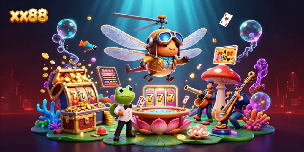 Experience the excitement of xx88 casino with vibrant games and lively characters in a dynamic 3D scene.