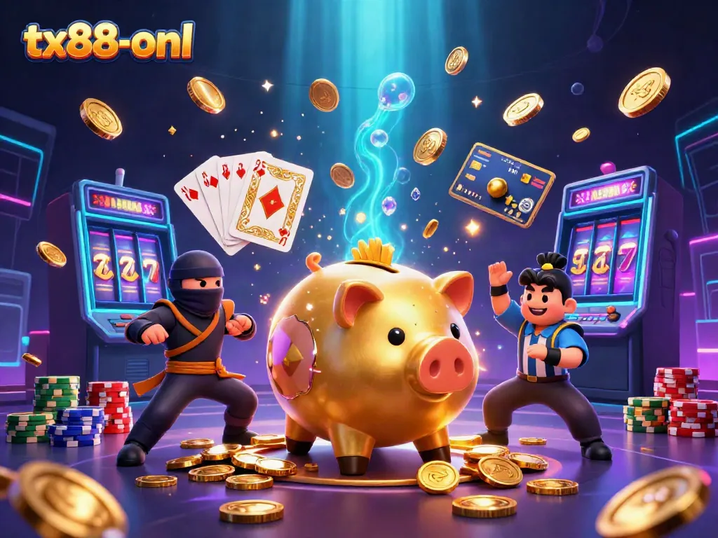 Experience the excitement at tx88-onl with a dynamic scene of gambling characters and games.
