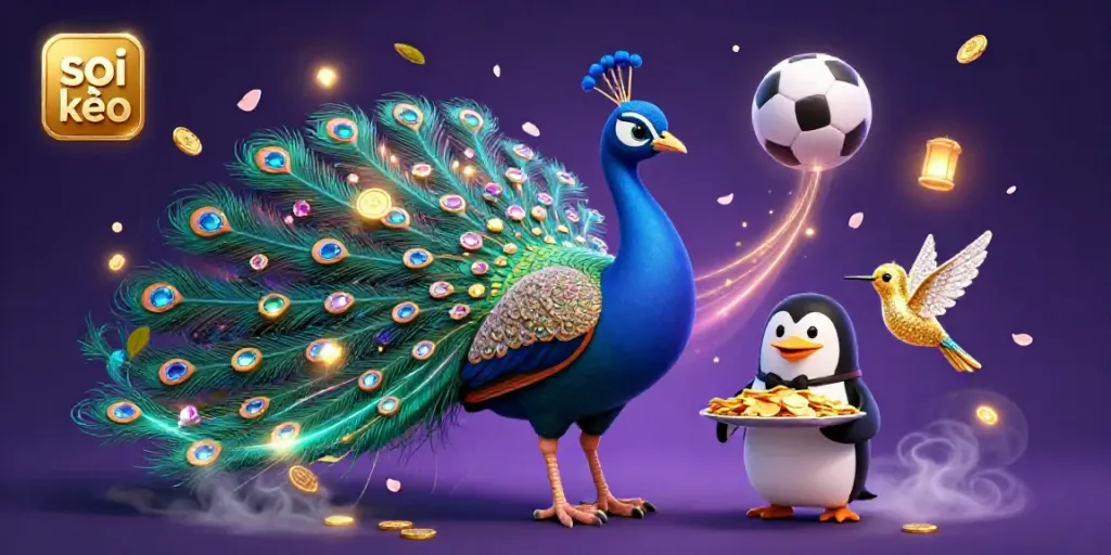 Soi kèo sports betting illustration showcasing a peacock and penguin amidst golden coins and vibrant game elements.