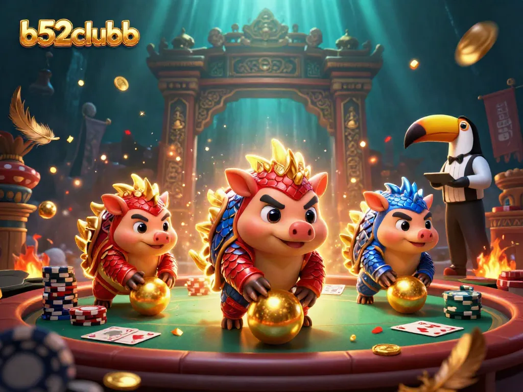 Engage in exciting gameplay with b52clubb, featuring animated pangolins competing with poker chips and colorful casino elements.