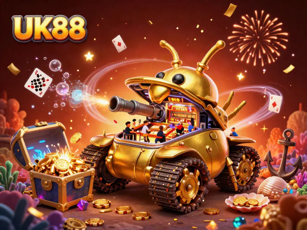 Experience UK88's thrilling miniature casino adventure with vibrant gold and colorful gems!