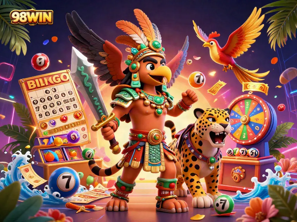 Experience the exciting world of 98WIN with this vibrant illustration featuring casino elements and dynamic gameplay.