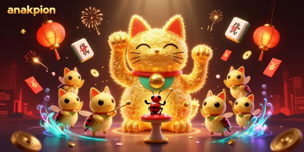 Experience the thrilling atmosphere of anakpion with a vibrant scene of casino elements and a lucky cat.