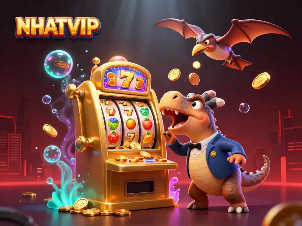 Experience thrilling jackpots with NHATVIP as a dinosaur headbutts a golden slot machine amidst flying coins.