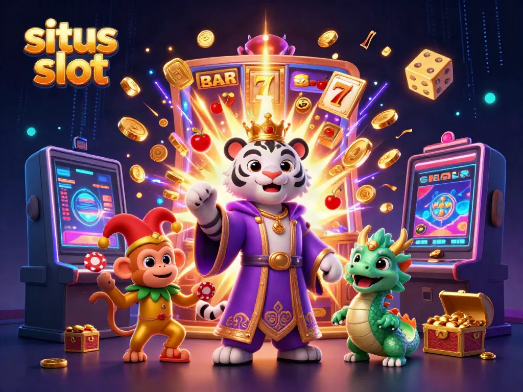 Situs slot excitement illustrated by a regal white tiger, playful monkey, and jade dragon amid vibrant casino elements