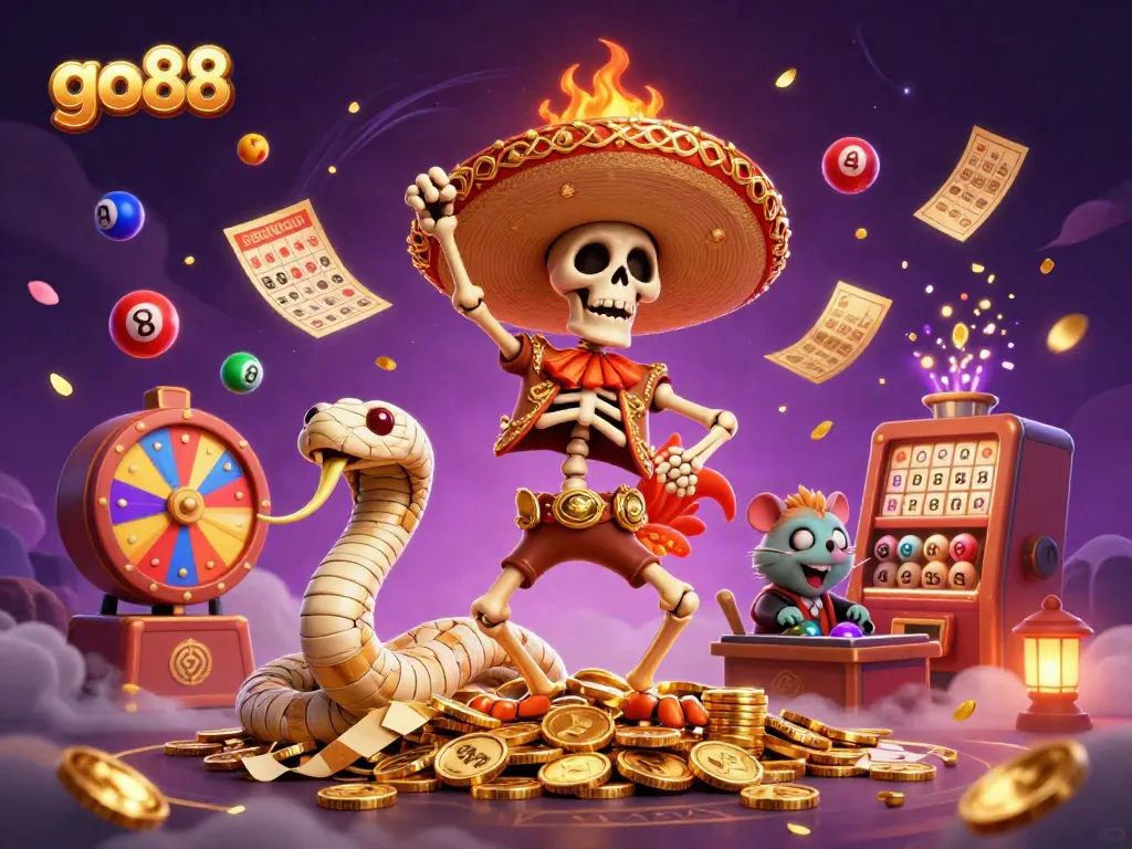 Experience go88 excitement with cartoon characters amid vibrant gambling elements.