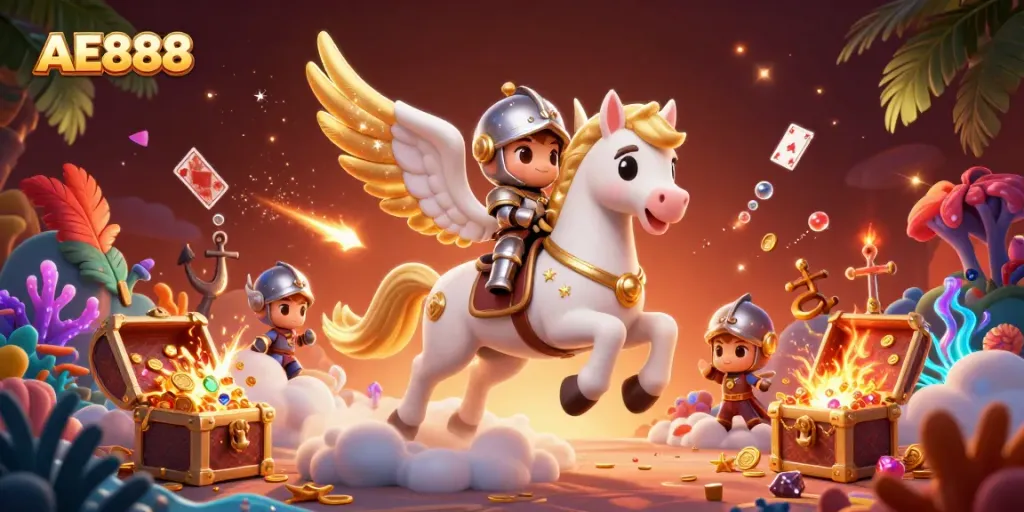 A vibrant AE888-themed illustration showcasing a celestial horse with a knight in a dynamic setting, enriched with gambling elements like a fighting arena and treasure.