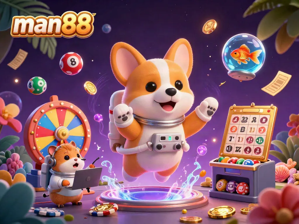 Exciting man88 gaming experience with a playful space-themed casino scene filled with dynamic lottery elements.