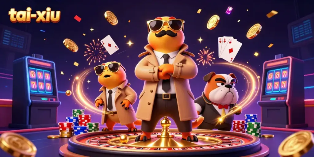Engage in tai-xiu excitement with raptors and a suspicious bouncer in a bustling casino scene.