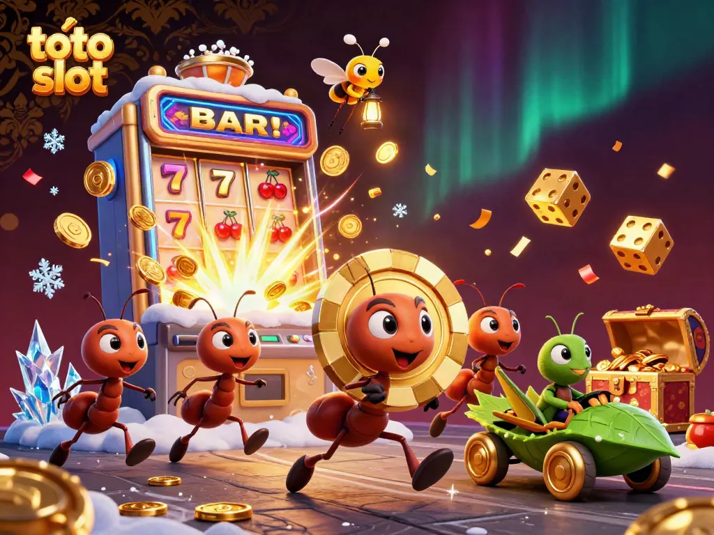 Experience the excitement of toto slot with a lively heist scene featuring ants, slots, and gold