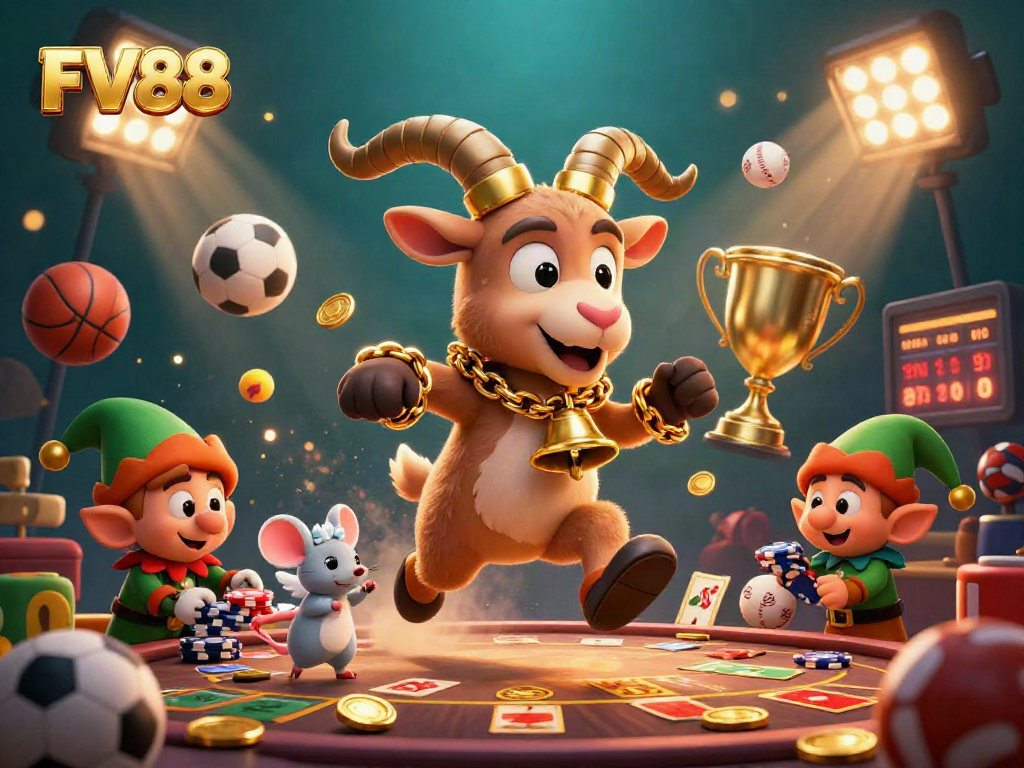 Engage with FV88’s festive gaming action featuring a chaotic casino scene with unique characters and sports elements.