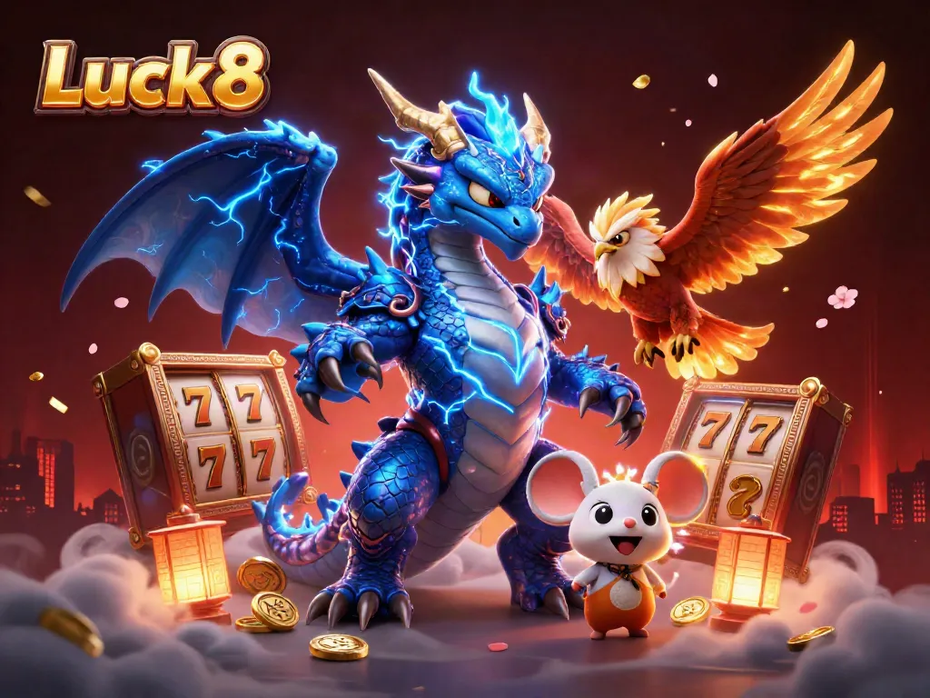 Experience the thrilling atmosphere of Luck8's casino with dynamic characters and slot game elements.