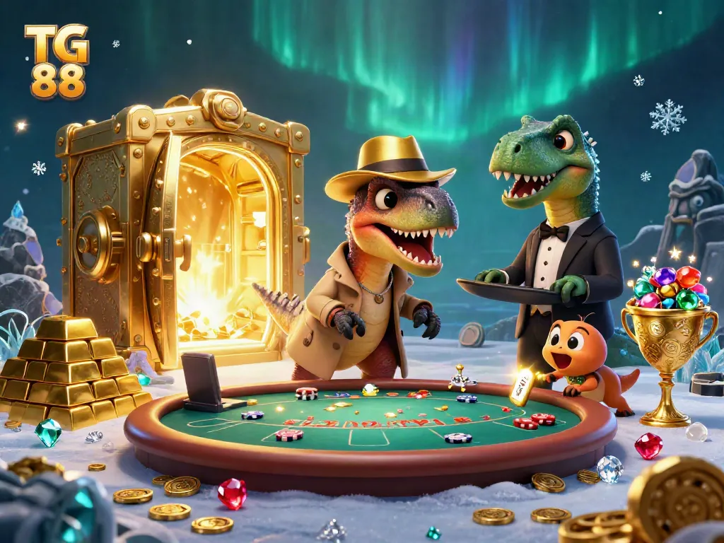 Experience the thrill at TG 88 with a velociraptor card counter, stegosaurus pit boss, and compy pickpocket surrounded by treasure.