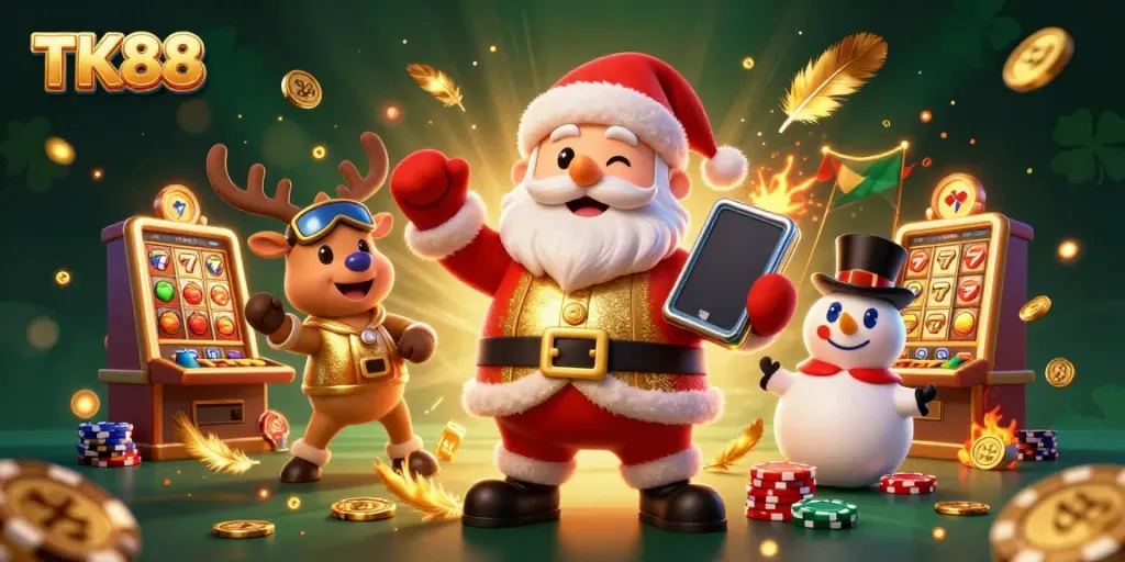 Engage with TK88 in this vibrant casino scene featuring Santa and friends celebrating jackpots.