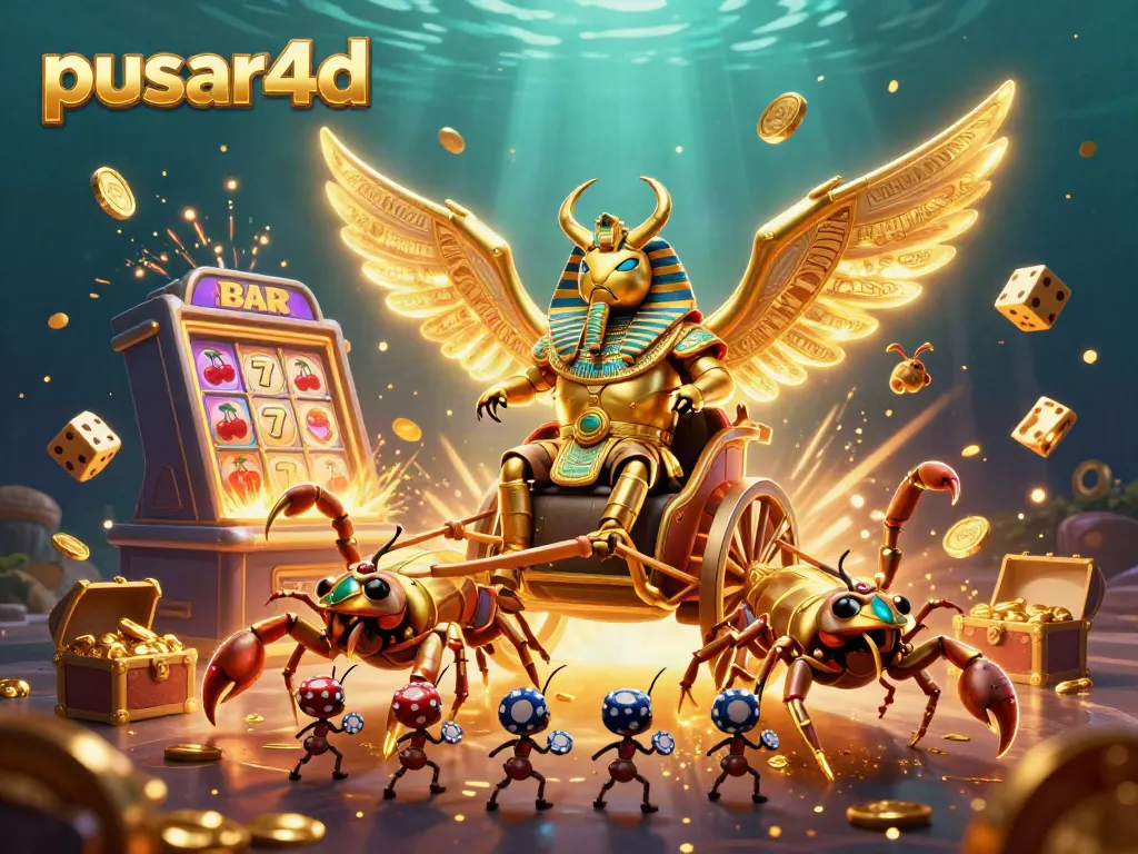Engage with pusar4d's vibrant jackpot scene featuring colorful slots, winning symbols, and unique characters.