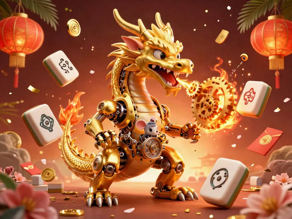 Engage in thrilling games at VIPWIN, featuring a mechanical dragon breathing gears within a vibrant casino scene.