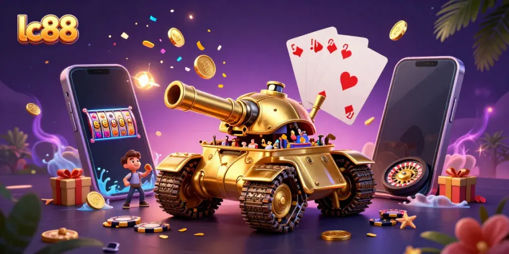 Engage with the vibrant lc88 casino experience featuring a golden beetle tank and exciting gaming elements.