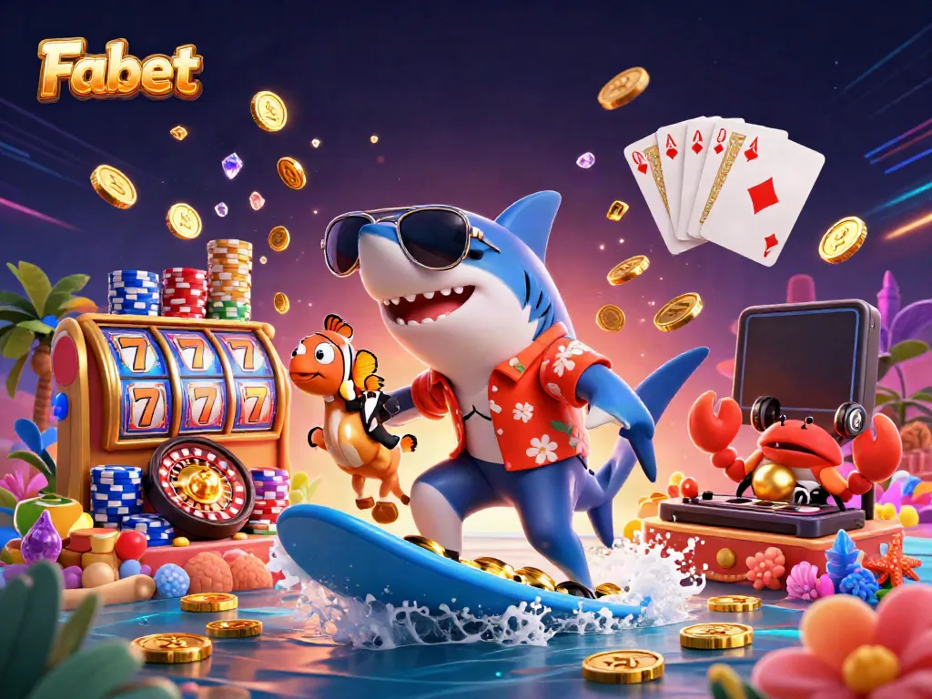Experience Fabet's exciting casino universe with a lively scene featuring colorful characters and thrilling game elements.