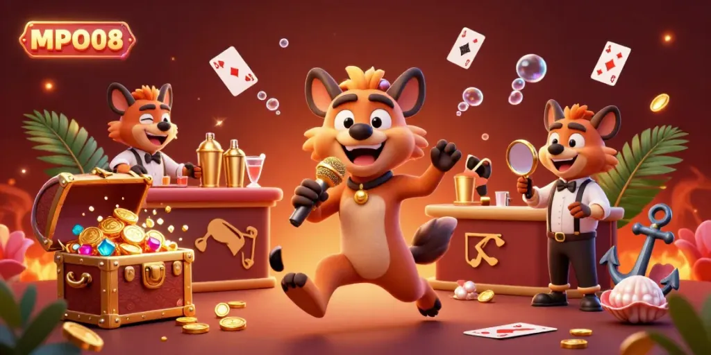 MPO08 showcases playful hyenas in a vibrant casino setting, emphasizing fun and excitement in gaming.