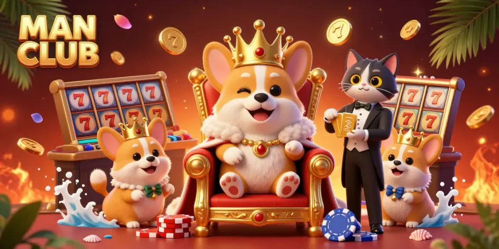 Engage in winning strategies at MAN CLUB with vibrant gameplay featuring 3D corgis in a colorful casino