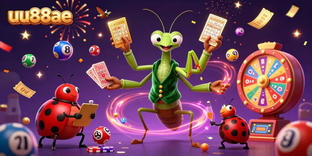 Experience excitement at uu88ae with a vibrant 3D scene featuring card games and lottery elements.
