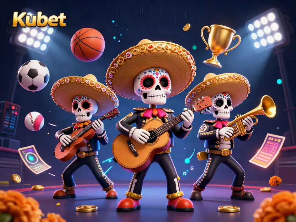 Kubet captures a vibrant mariachi scene with skeletons surrounded by dynamic sports elements.