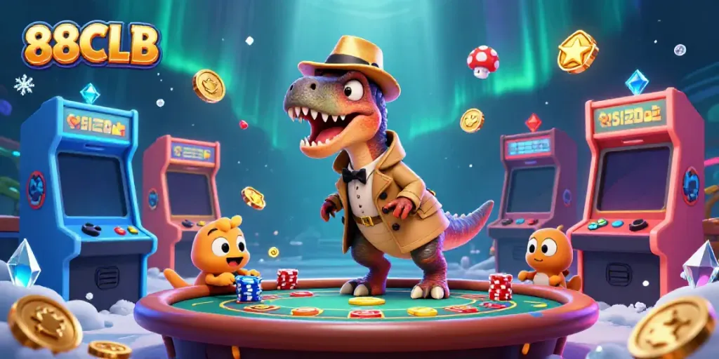 Watch the 88CLB velociraptor and friends engage in lively blackjack action amid vibrant casino effects.