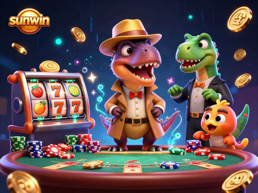 Enjoy thrilling gameplay at Sunwin with a velociraptor card counter and a stegosaurus pit boss at a blackjack table.