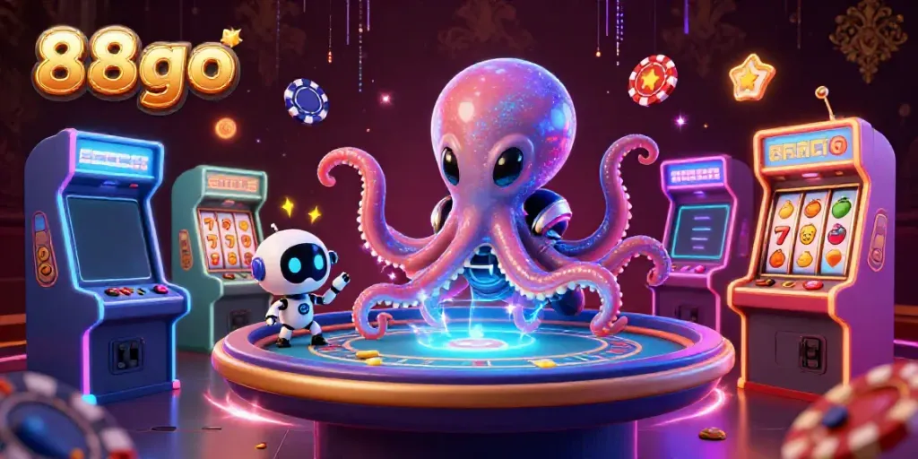 Experience thrilling games with 88go's animated alien octopus at a holographic poker table.