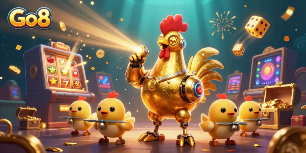 Engage with thrilling Go8 casino excitement featuring a golden rooster robot and casino games.