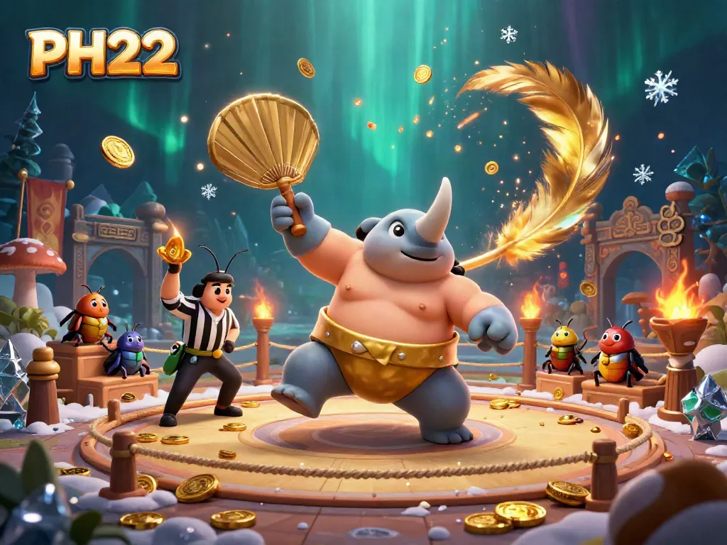 Experience thrilling action in PH222 with a sumo beetle champion and a cricket referee amid flying golden coins.