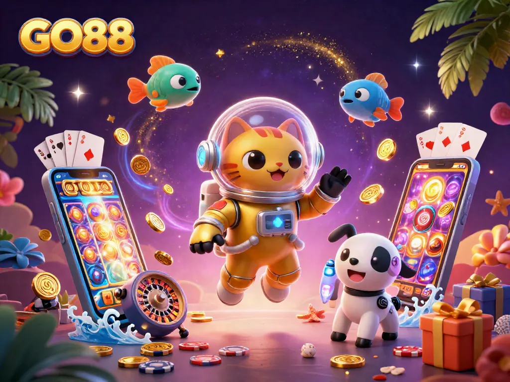 Experience GO88 with an exciting astronaut cat, gaming elements erupting, and thrilling casino scenes.