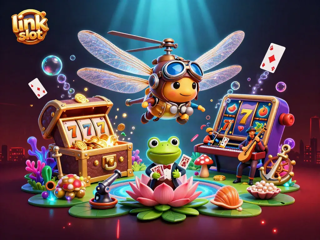 Engage with thrilling link slot experiences as characters celebrate winning at a vibrant lily pad casino.