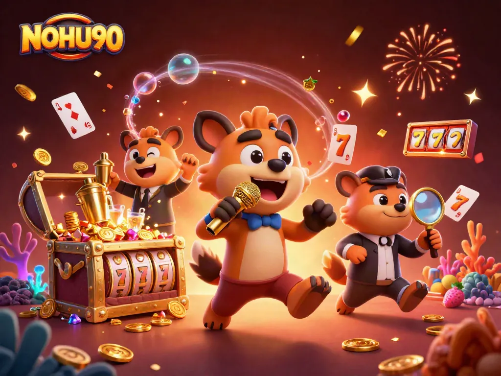 Experience the excitement with NOHU90 in a vibrant casino scene filled with winning symbols and energetic characters.