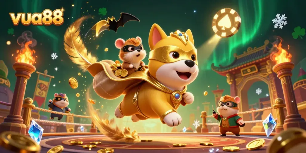 Celebrate winnings with vua88's lively casino atmosphere, featuring a superhero dog and hamster.