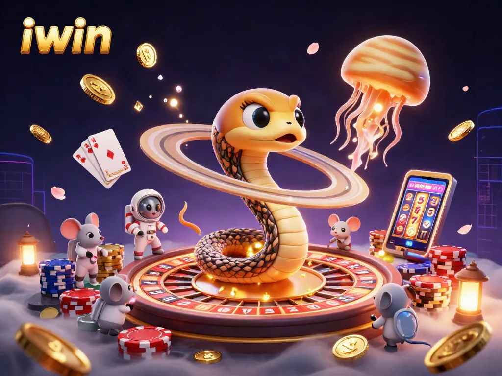 Engage in thrilling bets with iwin's cosmic casino featuring a roulette snake and astronaut mice!