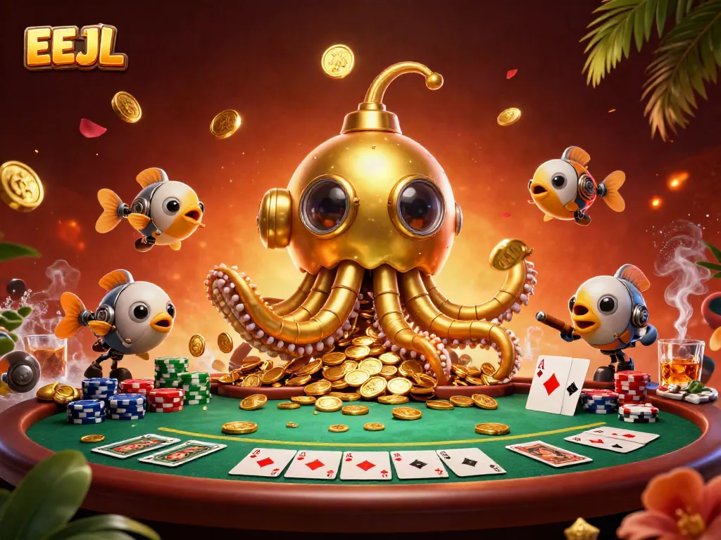 Experience thrilling EEJL gameplay with a golden kraken submarine amidst gold coins and poker excitement!
