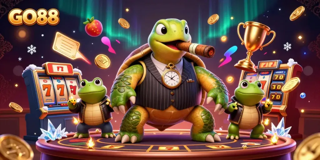 Celebrate your wins with GO88 by indulging in vibrant casino action featuring a unique turtle mobster.