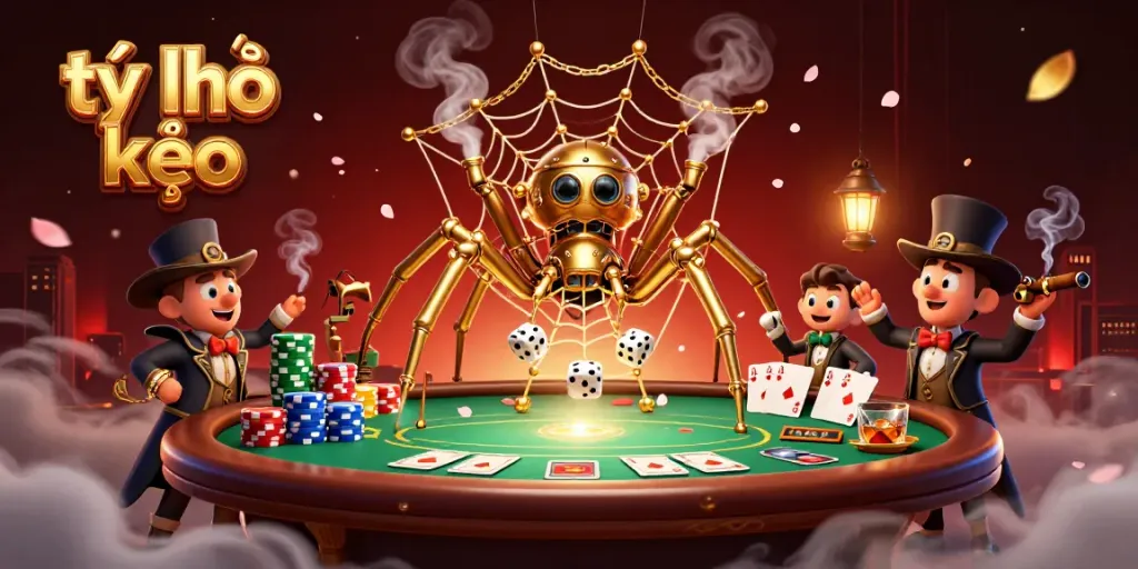 Engaging tỷ lệ kèo scene with a steampunk spider and poker elements illustrating betting strategies.