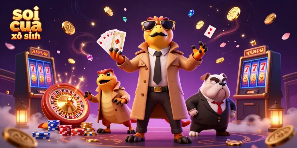 Engage with soi cầu xổ số as raptors humorously disguise themselves to enter a casino lounge, surrounded by gaming elements.
